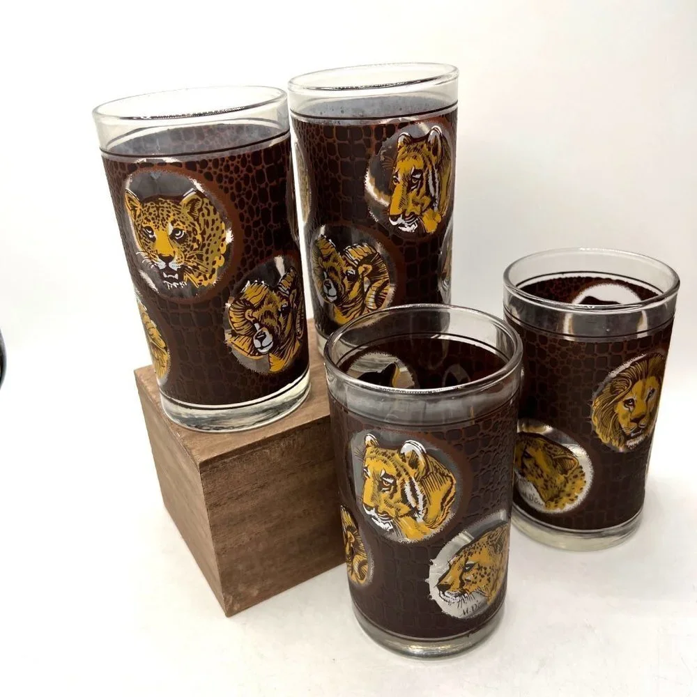 Vintage African Safari Animal Textured Tumbler Drink Glasses- Set of 4